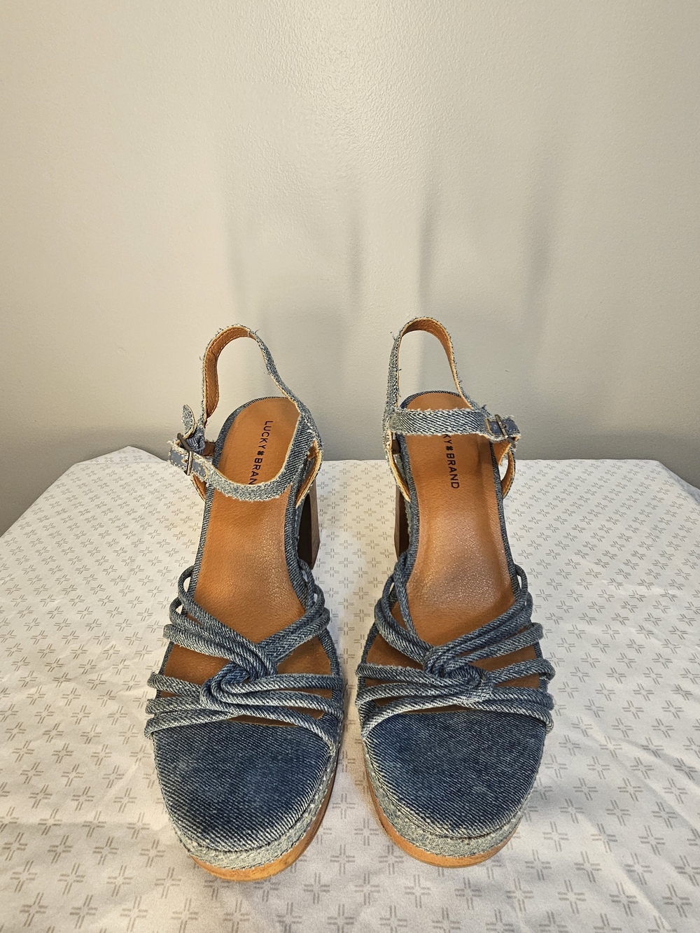 Lucky Brand Y2K Denim Platform Heeled Sandals with Ankle Strap - Picture 3 of 12